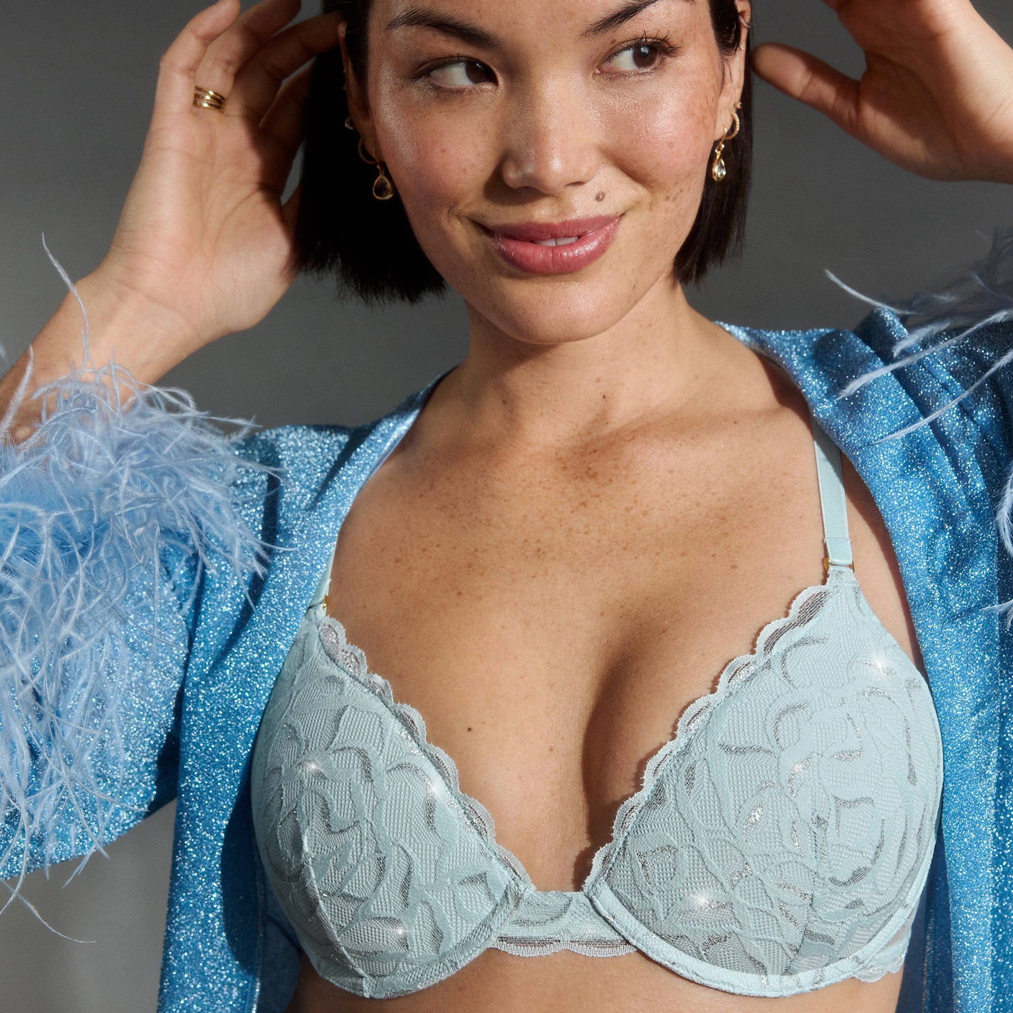 All Over Lace Lift Up Bra Metallic Crystal